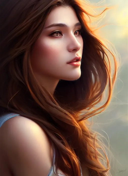 Image similar to a gorgeous female with long brown hair in the style of stefan kostic, realistic, full body shot, wide angle, sharp focus, 8 k high definition, insanely detailed, intricate, elegant, art by stanley lau and artgerm, floating embers