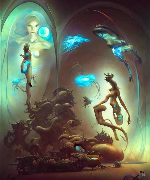 Image similar to futuristic holographic displays in the style of peter mohrbacher, wayne barlowe, gustav moreau, bussiere, roberto ferri, santiago caruso, luis ricardo falero, austin osman spare,