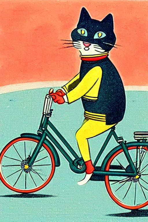 Image similar to by richard scarry,,,,,,,,,,,,,,,,,,,,,,, a cat riding a bike. a 1 9 5 0 s retro illustration. muted colors, detailed