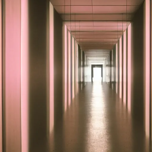 Prompt: noisy color photograph of a retrofuturist liminal space, twisting hallways, minimalist, cinematic, soft vintage glow