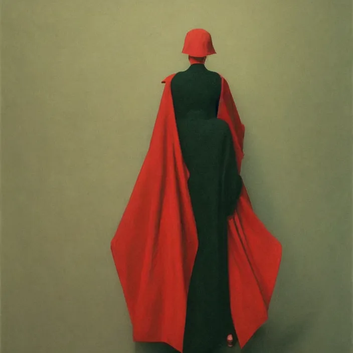 Image similar to woman in black robed, back to us, arms to the sides, dressed in red paper bags, holding stack of green paper bags, highly detailed, artstation, art by edward hopper, zdislav beksinski, wayne barlowe, edward hopper