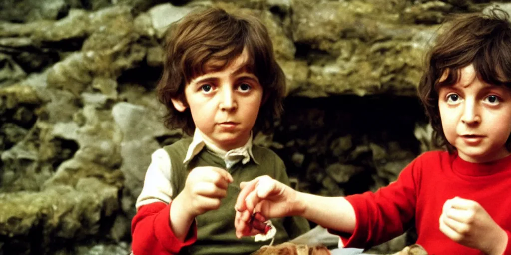 Image similar to A full color still of young Paul McCartney looking at his palm, dressed as a hobbit inside his house, directed by Stanley Kubrick, 35mm, 1970