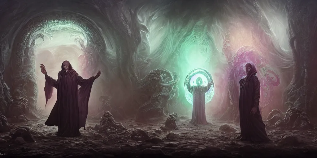 Prompt: ! dream 4 k photorealistic matte painting photography of circle group of necromancer priest in an invoking ritual in front of a viscosity cthulhu within a lovecraft portal, wide - angle portrait, atmospheric lighting, rich deep colors masterpiece, fractal crystals, fantasy portrait by tom bagshaw