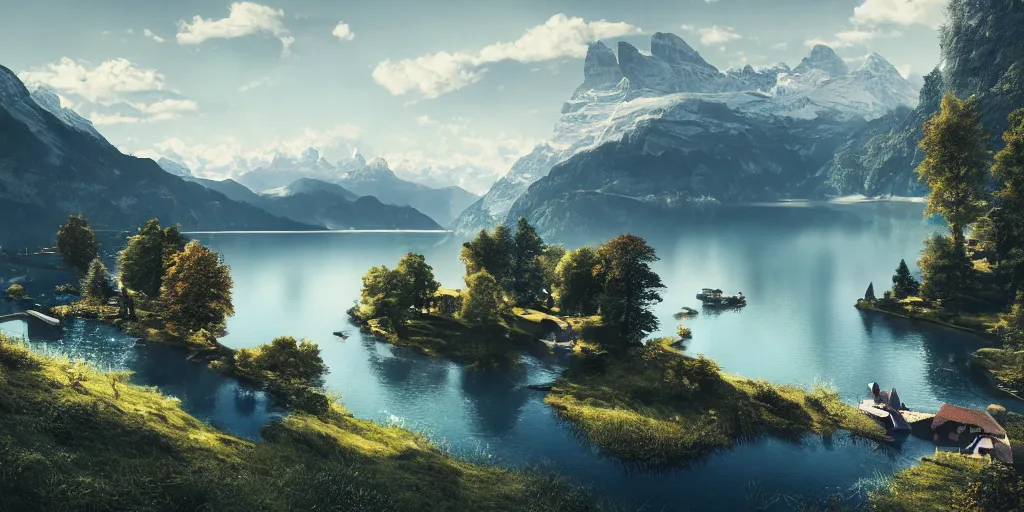 Image similar to beautiful switzerland landscape, environment, lake, film, dramatic, cinematic, highly detailed, mid day, large scale, hyperrealistic, realistic lighting, octane render, by wlop, artgerm, trending on artstation hd, 8 k, clear, sharp