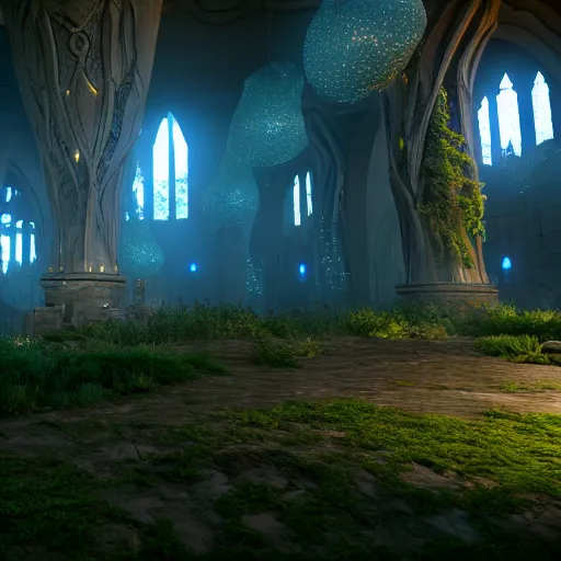 Prompt: inside a ethereal magical elven city, 8k, HDR, cinematic, volumetric lighting, unreal engine 5