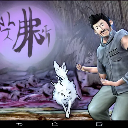 Prompt: Screenshot of the Markiplier character in the PlayStation 2 game Okami. HDR, 4k, 8k, Okami being petted by the YouTuber Markiplier, who is looking at the camera while petting Okami. Very accurate depiction of Markiplier in Okami. Okami looks exactly like the game.