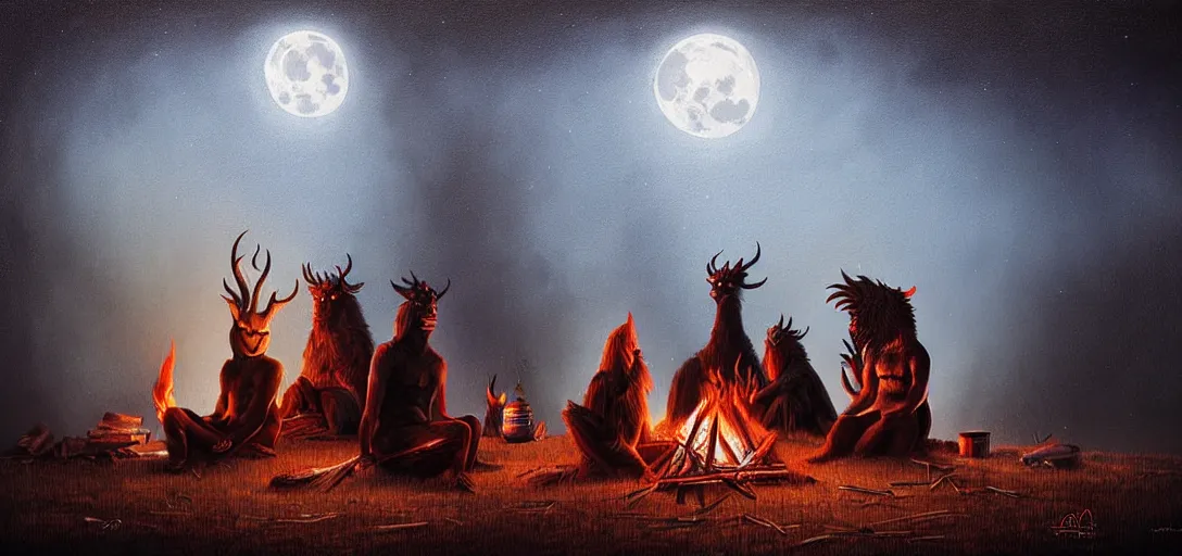 Image similar to strange mythical beasts of sitting around a fire under a full moon, surreal dark uncanny painting by ronny khalil