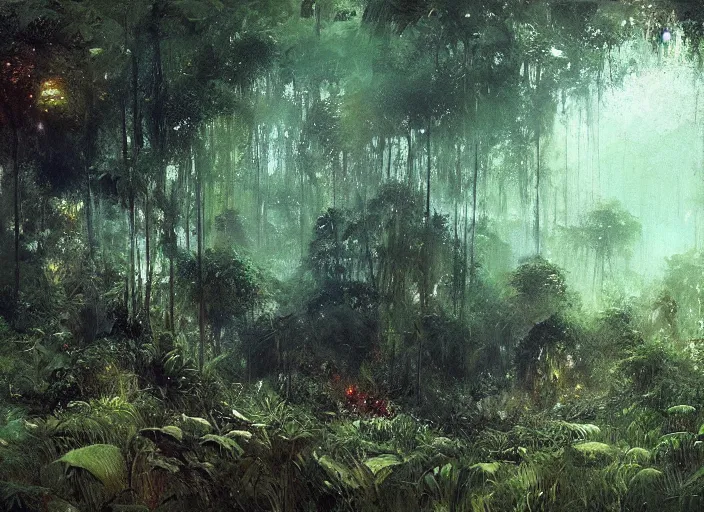 Image similar to a vast lush jungle, an overgrown City can be seen far in the distance, masterpiece, painterly, art by artem demura, emotion, fantasy art,