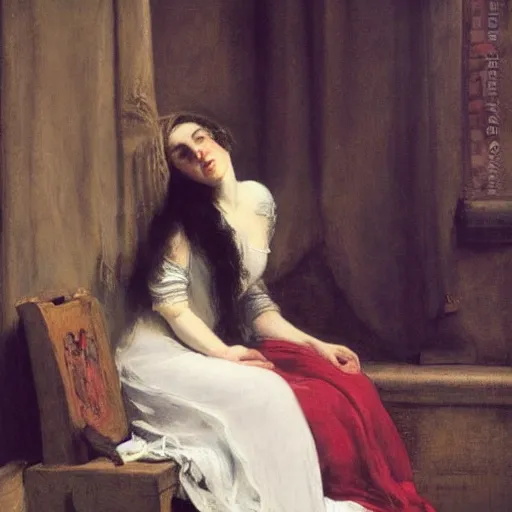 Image similar to vivid by edwin henry landseer. a beautiful conceptual art. her cell is as bare as mine. she is sitting in the middle, hugging her knees, wrapped in a toga - like garment.