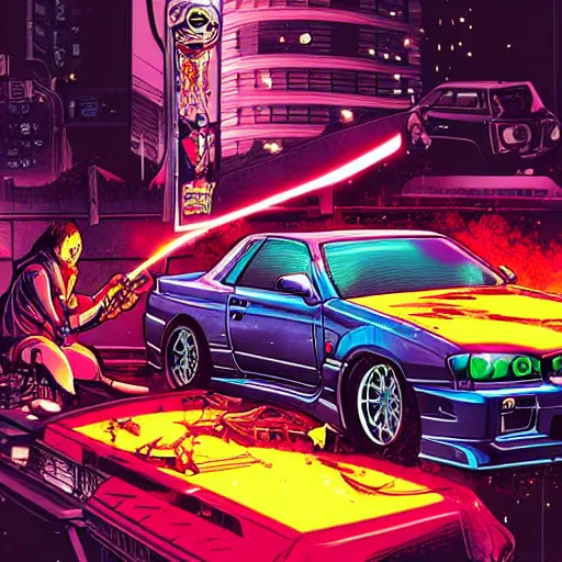 Prompt: beautiful hyper-detailed full colour manga illustration of an evil robot with a sword, slicing a Nissan skyline r34, cyberpunk, car wreck, neon