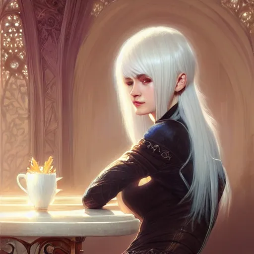 Image similar to a beautiful girl with white hair and bangs, sitting in a cafe, fantasy, intricate, elegant, highly detailed, digital painting, artstation, concept art, matte, sharp focus, illustration, art by Artgerm and Greg Rutkowski and Alphonse Mucha