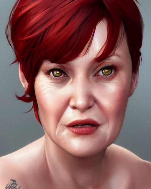 Image similar to portrait of short and plump 5 0 - year - old woman with red hair and, kind face, short hair, hyper realistic face, beautiful eyes, character art, art by mark brooks, hyperdetailed, cryengine, trending on artstation, digital art