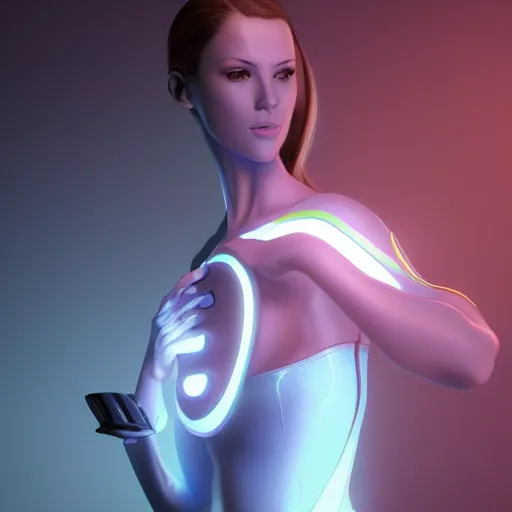 Image similar to a woman in a futuristic suit holding a glowing light, a computer rendering by Artgerm, featured on cgsociety, afrofuturism, daz3d, zbrush, futuristic