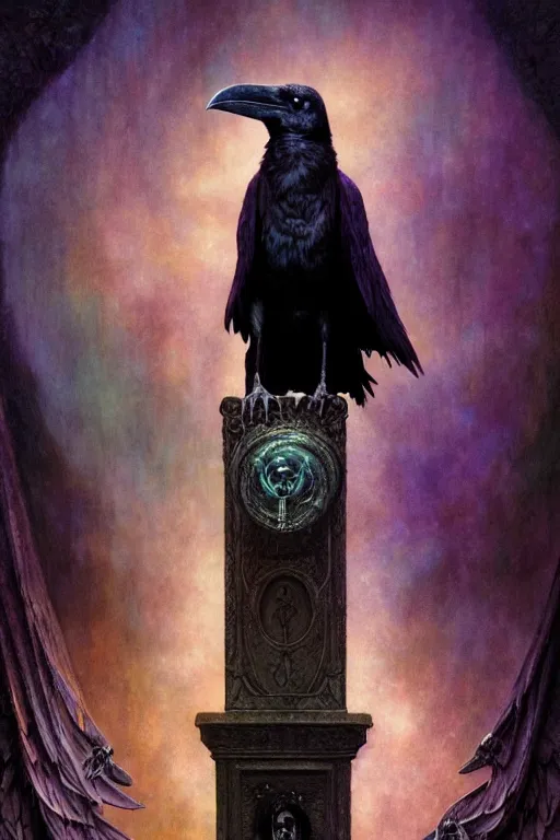 Prompt: realistic raven perched on a statue of a beautiful woman in a dark gothic room, gothic light, cinematic light, by wayne barlowe, peter mohrbacher, kelly mckernan, james o barr, 8 k, dark fantasy