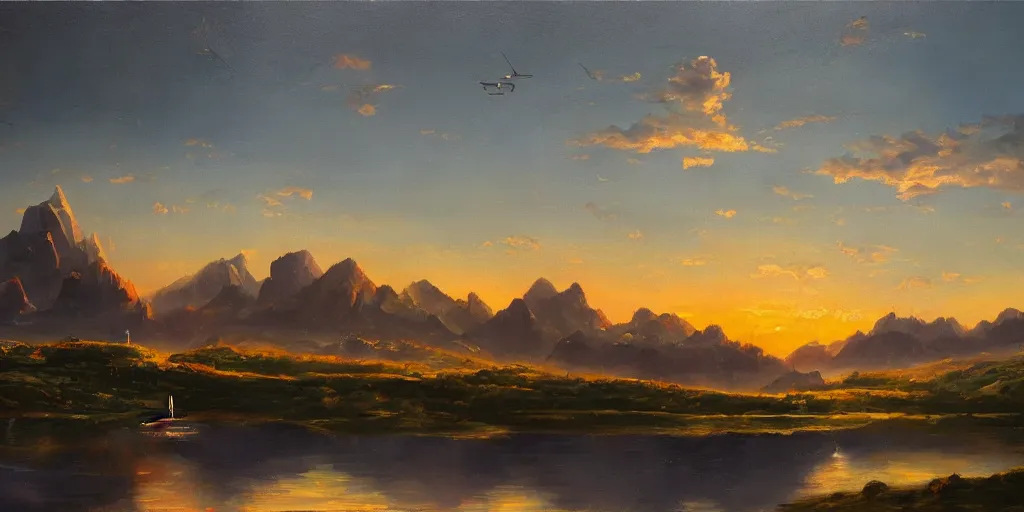 Prompt: a landscape with a futuristic city and spaceship flying in the sky, mountains, a lake and clouds in background at sunset, oil painting