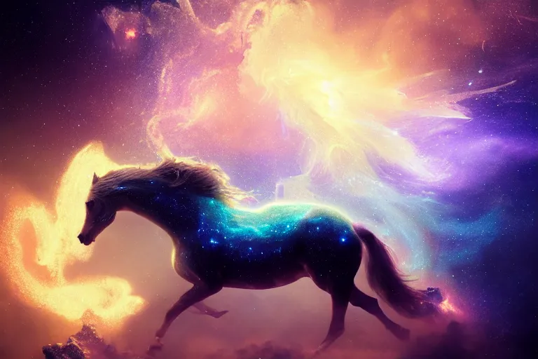 Image similar to a stunning horse made of illuminated stardust particles running through a space nebula by greg rutkowski, high key lighting, volumetric light, digital art, highly detailed, fine detail, intricate, ornate, complex, octane render, unreal engine, photorealistic