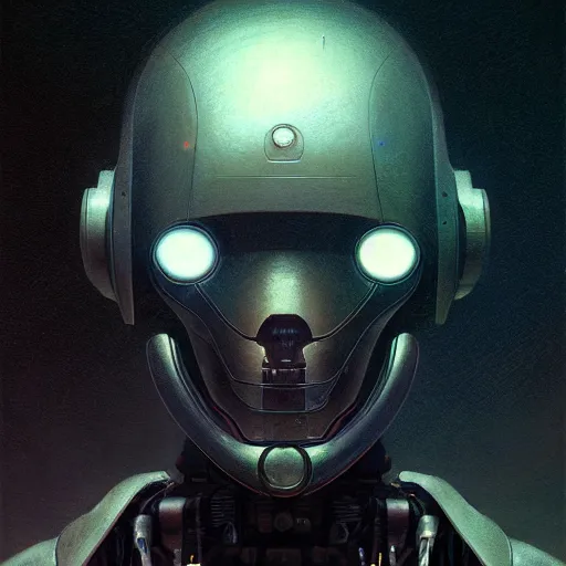 Image similar to dark digital concept art portrait of a high - tech robot on a depth of field background, artstation, award - winning realistic sci - fi concept art by jim burns and greg rutkowski, beksinski, a realism masterpiece, moody color palette, james gilleard, bruegel, alphonse mucha, and yoshitaka amano