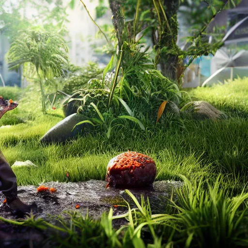 Image similar to Photorealistic person made out of slime and poo rising from the ground, summer, lush flora all around, DAZ, cgsociety, octane render