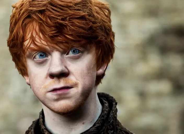 Image similar to handsome ron weasley in game of thrones, attractive rupert grint in game of thrones, handsome portrait of the actor, live action film, cinematic photo, clear hd image