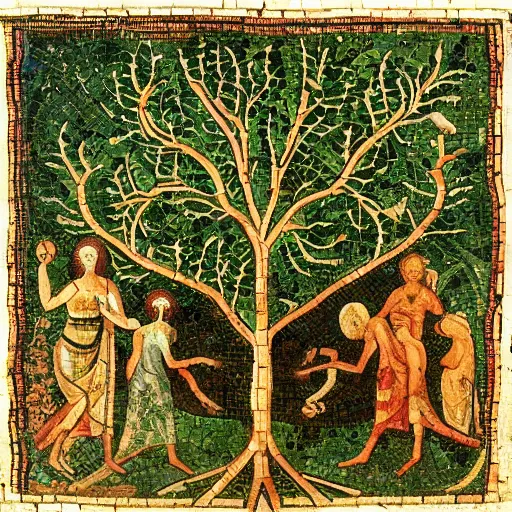 Image similar to fractal tree of life with adam, eve and the snake in the garden of eden, early 3 rd century mosaic