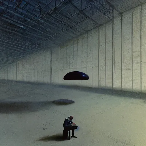 Image similar to an fbi agent looking at a ufo inside a giant warehouse, beksinski, wayne barlowe, very coherent symmetrical artwork, cinematic, hyper realism, high detail, octane render, 8 k