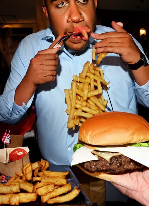 Prompt: Fat Obama eating a messy burger
