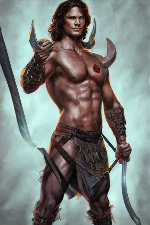 Image similar to portrait of attractive sam winchester as a rogue scotish warrior from the x century, muscular body tattooed, d & d!, fantasy style, sharp focus!, ultra detailed, art by artgerm and peter andrew jones, wlop