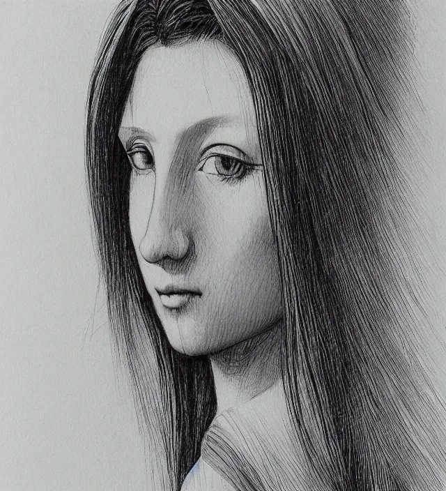 Prompt: davinci biblical art brush ink 3 d drawing of a beautiful girl epic photorealistic portrait in squareenix miura kentaro sorayama technoir noir style detailed trending award winning