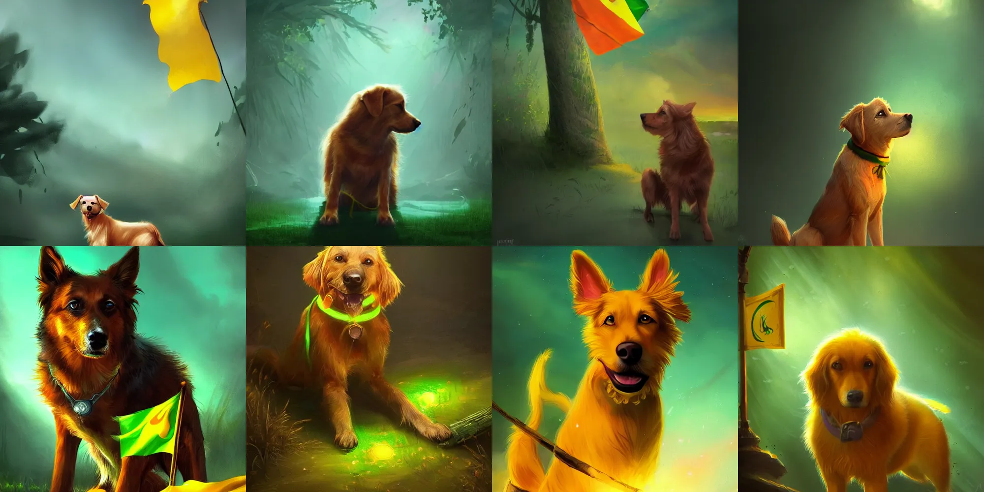 Prompt: beautiful picture of stray caramel dog and a green and yellow flag, glowing colors, fantasy art, trending on artstation, cgsociety, nice composition, great fantasy mood, classic Disney mood