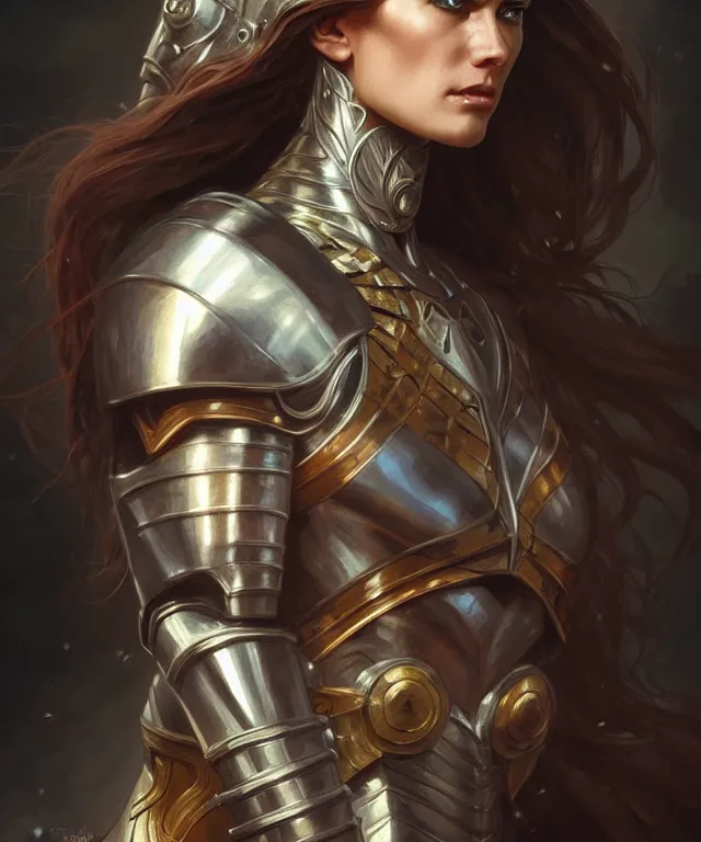 Image similar to Muscular and powerful medieval knight woman portrait, sci-fi, amber eyes, face, long hair, fantasy, intricate, elegant, highly detailed, digital painting, artstation, concept art, smooth, sharp focus, illustration, art by artgerm and greg rutkowski and alphonse mucha