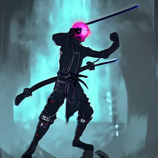 Image similar to a cyberpunk ninja fighting and wielding an electric kyoketsu - shoge!!! concept art, award winning. 4 k