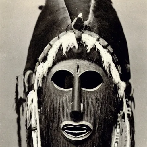 Prompt: vintage photo of Tsimshian shaman mask by edward s curtis