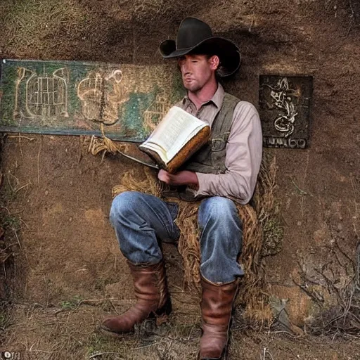 Image similar to a cowboy stumbles upon an open grave that contains a mystical book that could lead to all the secrets of life but not knowing how to read leads the cowboy to become very frustrated