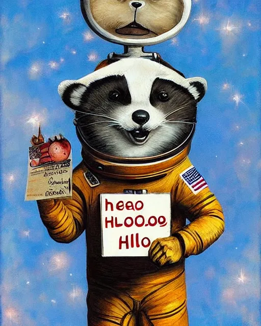 Image similar to astronaut racoon holding a sign that says hello by esao andrews