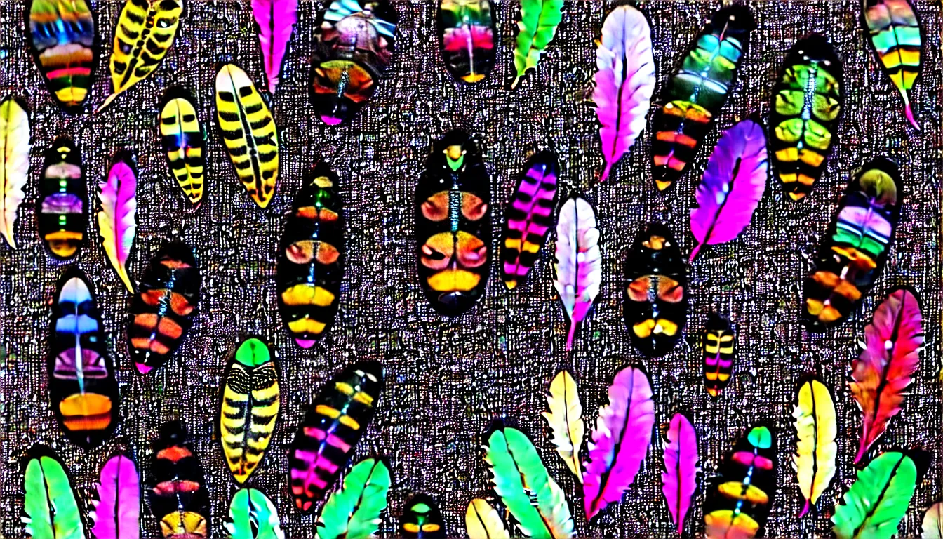 Image similar to multifaceted detailed insects eyes ,reflect in a realistic beautiful human face, surrounded by fabrics covered in iridescent feathers glinting , emerging hands and beautiful women’s and men screaming laughing and crying face ,biodiversity all round , full colour , upscale , 8k