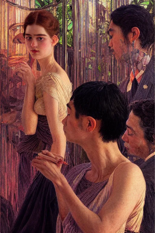 Prompt: detailed people in movie theatre, exterior greenhouse, portrait face, in the style of frantisek kupka, intricate, miles johnston, keita morimoto, kuroda seiki, cynical realism, ozabu, john william godward, painterly, yoshitaka amano, moebius, beautiful lighting