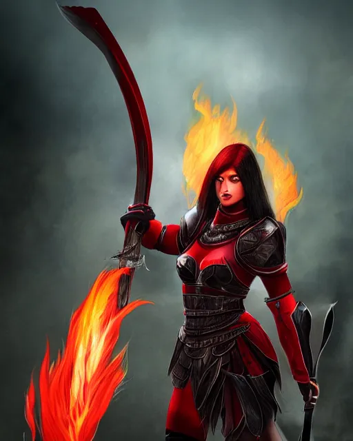 Prompt: digital art of a female warrior with black hair and red eyes, wearing red armor, holding a flaming sword