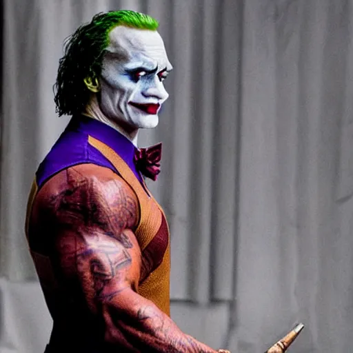 Prompt: dwayne johnson as the joker, movie still