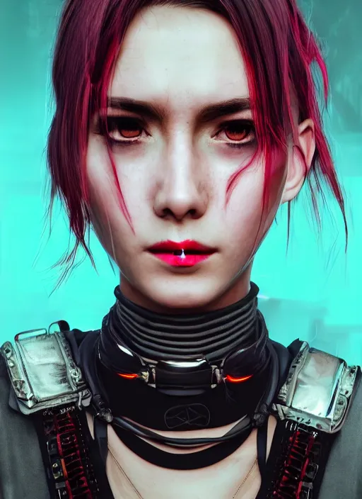 Image similar to detailed realistic female character cyberpunk wearing thick technological collar around neck, realistic, art, beautiful, 4K, collar, choker, collar around neck, punk, artstation, detailed, female, woman, choker, cyberpunk, neon, punk, collar, choker, collar around neck, cyberpunk, punk, neon
