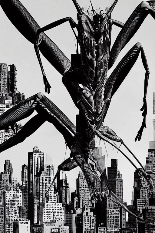 Image similar to a giant praying mantis destroys new york, horror sci - fi black and white poster