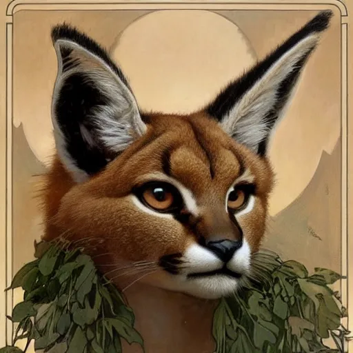 Image similar to concept art, a cute fluffy caracal, laurel wreath on his head, 8 k, alphonse mucha, james gurney, greg rutkowski, john howe, artstation