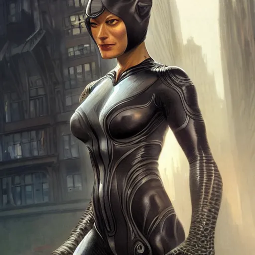 Image similar to full figure ultra realistic illustration, olivia wilde as an older and rugged catwoman, terraformed new york city, post - apocalyptic, intricate, elegant, highly detailed, digital painting, artstation, concept art, smooth, sharp focus, illustration, art by artgerm and greg rutkowski and alphonse mucha