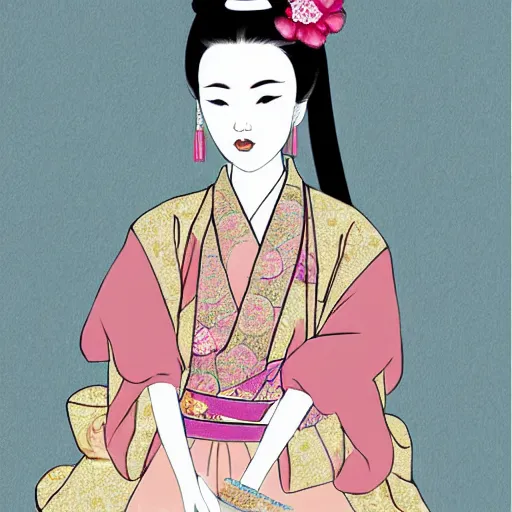 Image similar to a beautiful princess in Chinese tang Dynasty style with peony, muted tones, fashion illustration, by wataboku