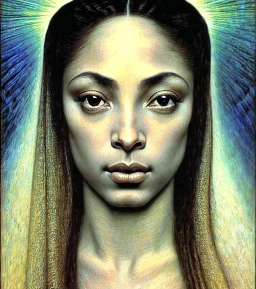 Image similar to detailed realistic beautiful young sade adu face portrait by jean delville, gustave dore and marco mazzoni, art nouveau, symbolist, visionary, gothic, pre - raphaelite. horizontal symmetry by zdzisław beksinski, iris van herpen, raymond swanland and alphonse mucha. highly detailed, hyper - real, beautiful, fractal baroque