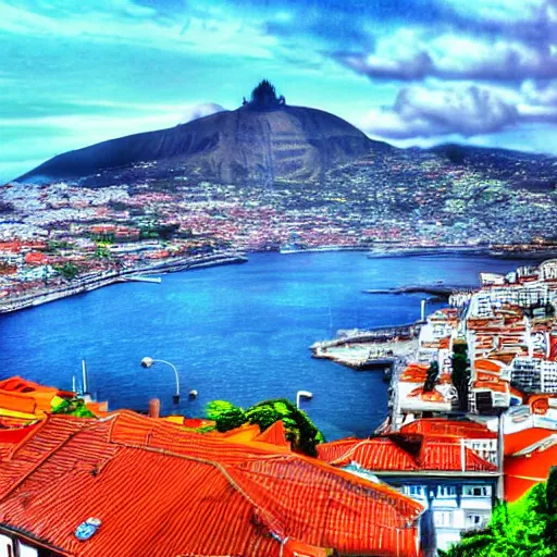 Image similar to king kong walking in funchal's city bay near the streets and sea, trampled, cinematic shot, realistic, hdr, color, wide shot, gigantic