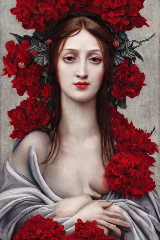 Prompt: hyperrealism close-up mythological portrait of a medieval female merged with huge number of crimson flowers, dark palette, pale skin, wearing silver silk robe, in style of classicism