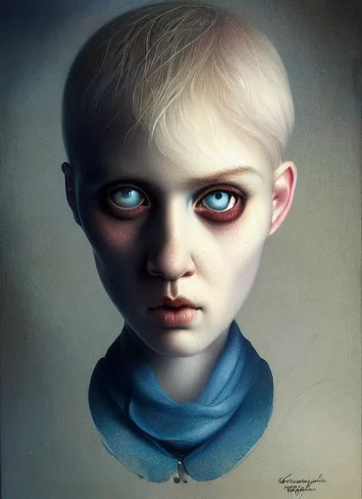 Prompt: an unnerving portrait of a potato with beautiful blue eyes and short blond hair, art tom bagshaw