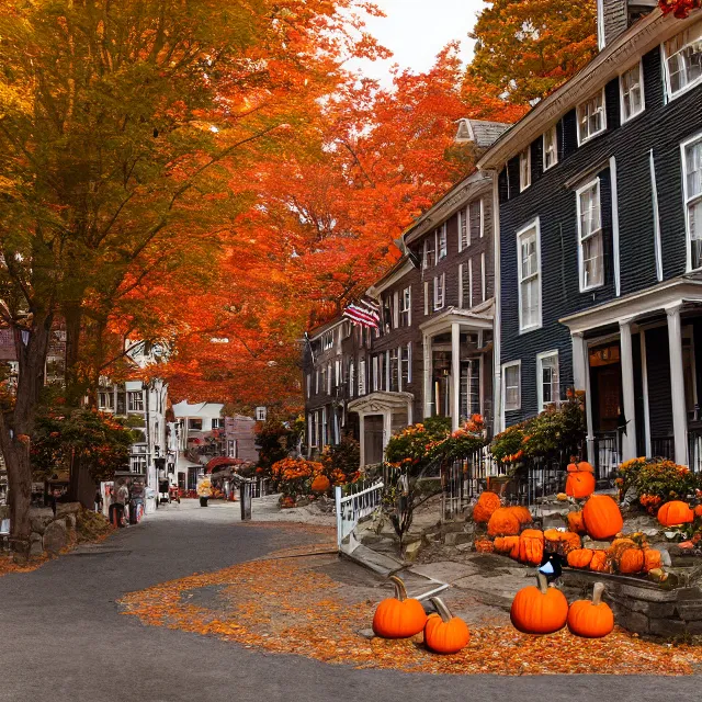 Image similar to small new england stone colonial city street with shops and pumpkins, maple trees with fall foliage, new hampshire mountain, stone street, volumetric, realistic, cinematic lighting, ray tracing, unreal engine 5, octane render, hyper realistic, photo, 8 k