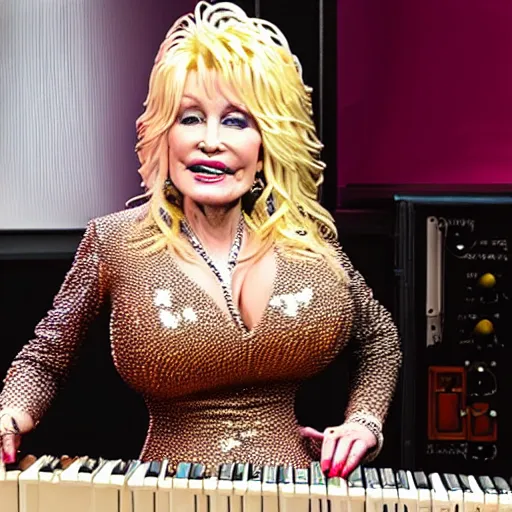 Prompt: picture of dolly parton playing modular synth with lots of wires, ultra realism, detailed, 8 k