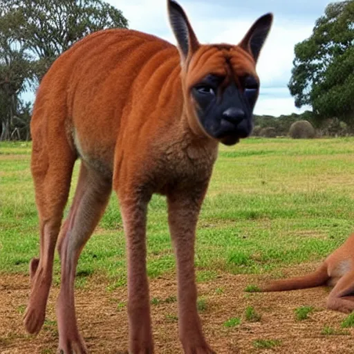 Image similar to boerboel in a field, kangaroo in the background, detailed, intricate